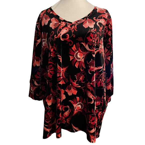 CATHERINES PETITE 1XWP VELVET FLORAL TUNIC TOP BLACK RED STRETCH 3/4 SLEEVE - Picture 3 of 10